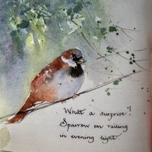 Sparrow on railing Haiku
