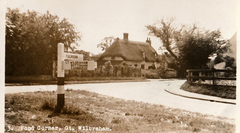 Image of a postcard, circa 1958, depicting Pond Corner at the junction of Church Street and High Street, Great Wilbraham. The pond is no longer evident.