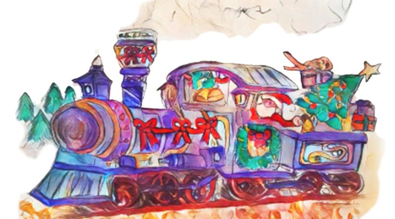 Painting of Father Christmas in a steam train with presents