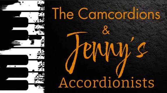 The Camcordions and Jenny's Accordionists in orange text on black background with keyboard on left hand side