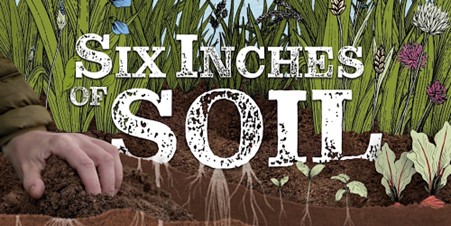 Six Inches of Soil text on background drawing of soil, seedlings, grass and flowers with hand grabbing soil