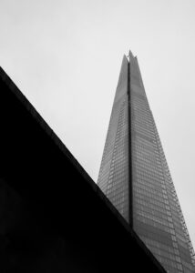 Black and white photograph of the London Shard illustrating Buildings or Architecture and also Light and Dark