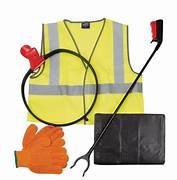Yellow vest, gloves, litter picker, plastic bag and bag ring