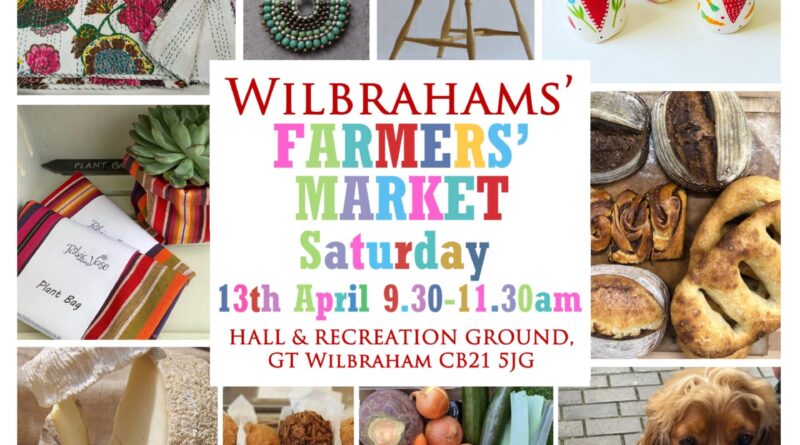 Montage of ten images showing produce and crafts available with coloured text on white background showing date and timings for the Farmers Market