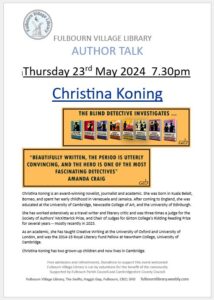 Text and Book images on poster promoting the Book Talk by Christina Koning