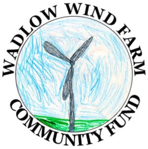 Wadlow Wind Farm Logo for the Community Fund. Hand drawn windmill with blue sky and green grass
